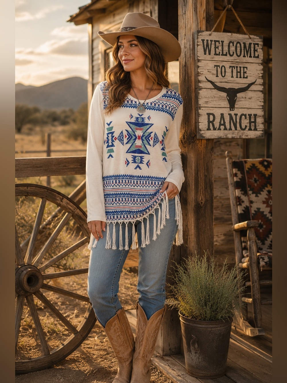 BACK IN THE SADDLE RHINESTONES & FRINGE TOP WESTERN CHIC COASTAL COWGIRL SZ S